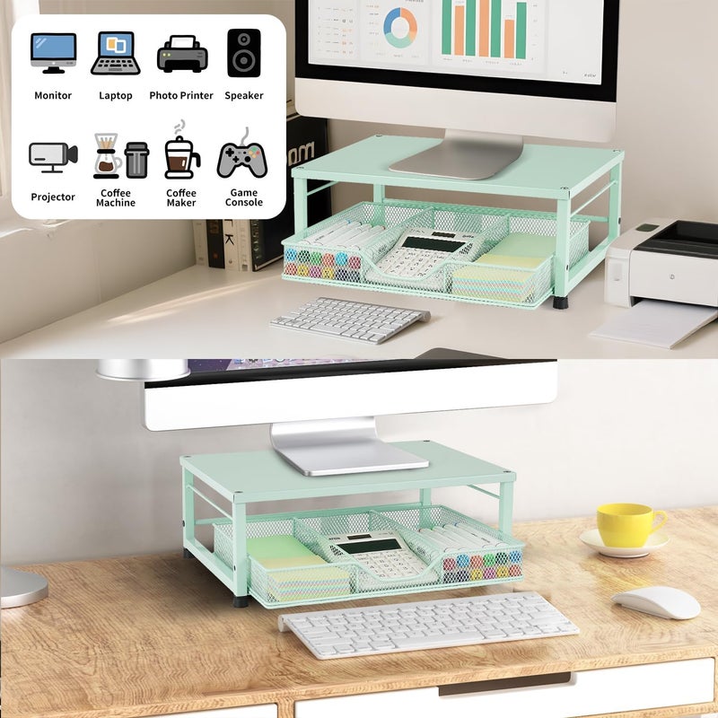 Gugsey Small Laptop Stand for Desk, Monitor Stand Riser, Office Desk Accessories, Computer Desktop Stand with Drawer for Home, Office, School (Mint Green) - Image 2
